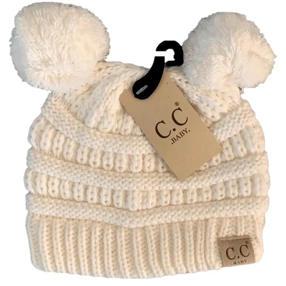 NWT C.C Baby Double Pom Pom Knit Beanie Hat Cream White Winter